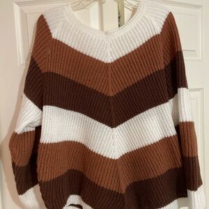 SHEIN Women's Chevron Striped Sweater - Brown and White